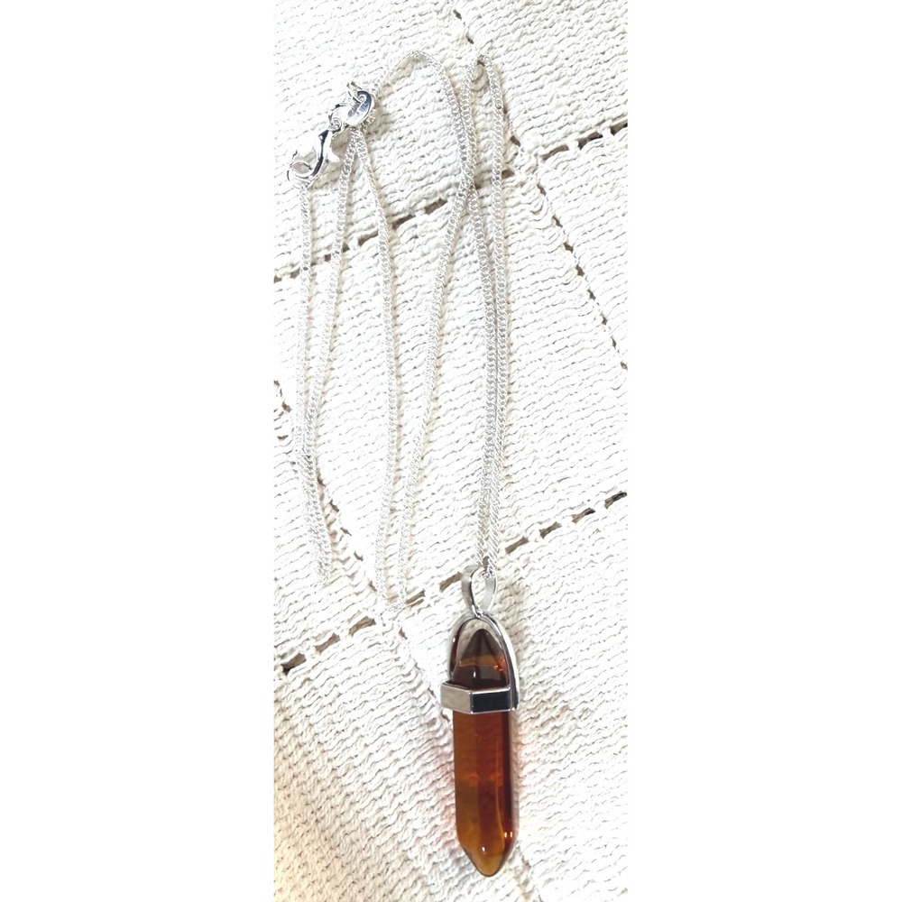 Sterling Silver 925 Amber Hexagonal Point Crystal Pendant Necklace vintage